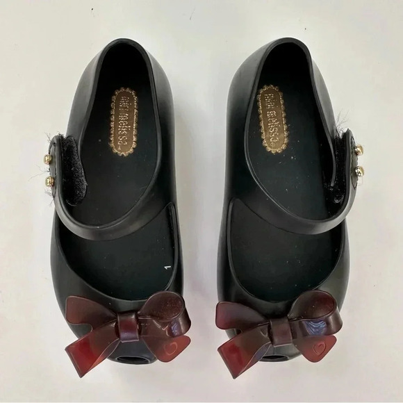 Mini Melissa toddler peep toe shoes size 7 black bow - Picture 3 of 8